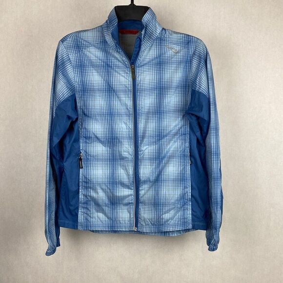 Saucony Windbreaker Jacket Womens Sz Small Vented Zip Front Blue Plaid Athletic - Picture 1 of 12